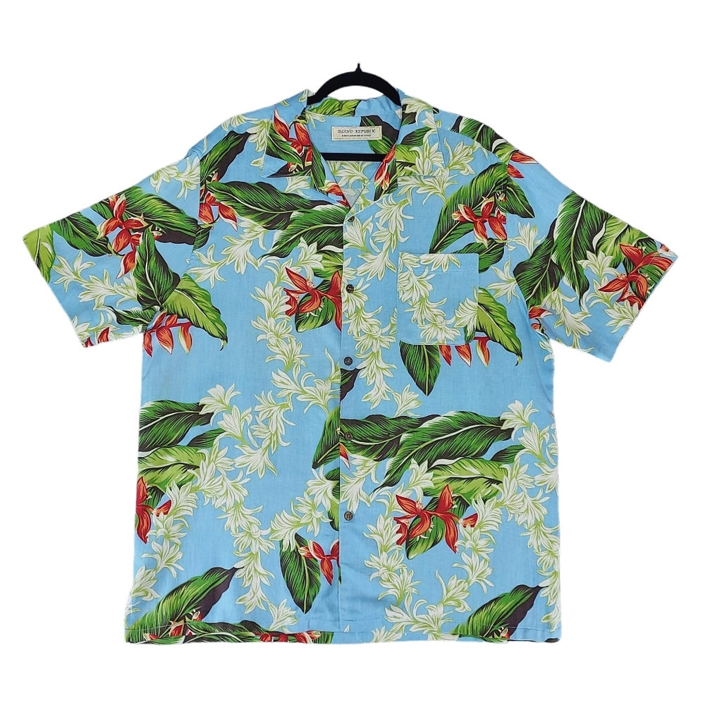 Island Republic Men XL Blue Floral100% Silk Hawaiian Resort Cruise Vacay Shirt